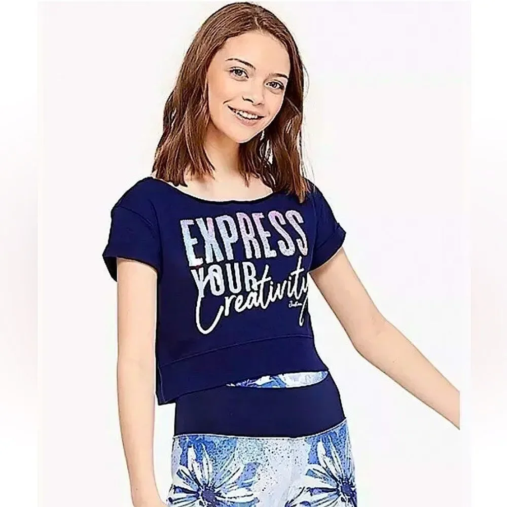 🌴 Justice “Express Your Creativity” Flip Sequin Crop Tee Navy Blue Girls 10